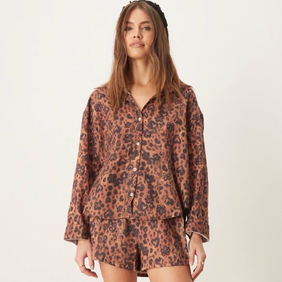 Free People Early Morning Leopard Cotton Sleep Set NWT XL Pajama Lounge - Picture 5 of 10